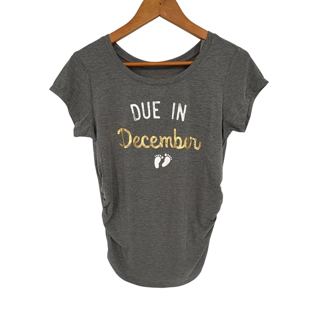 Grayson Threads "Due In December" Maternity Tee Women Small Gray Ruched NEW